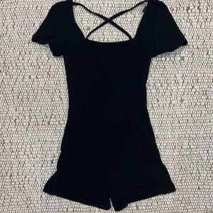 Wild Fable Women's XS Black Ribbed Short Sleeve Lace-Up Back Fitted Romper